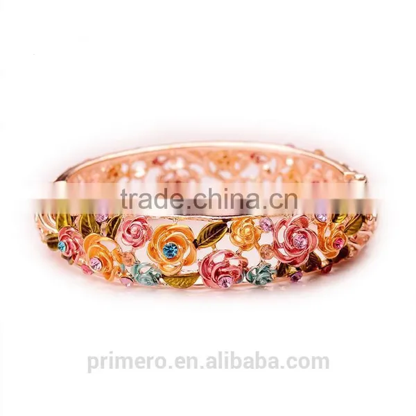 Rhinestone Embed Hollow Leaves Blessing Flowers Rose Golden Bracelets Bangles Women photo-2