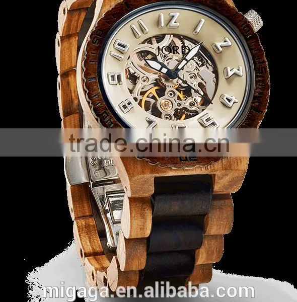2016 Fashion Mens Bamboo Wood Watch Mechanical Wooden Watch Skeleton Man Watch
