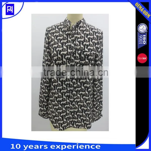 Silk Viscose Metallic Animal Jacquard Shirt Single Chest Pocket Stand Collar Long Sleeve Tabs Classic Fashion Casual Women Lady