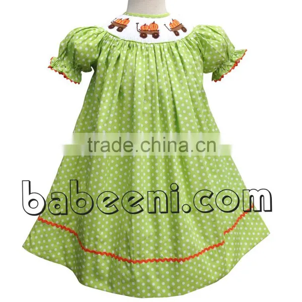 Cute Pumpkin Truck Hand Smocked Bishop Dress