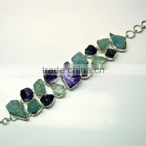 Rough Aquamarine & Amethyst Natural Gemstones 925 Sterling Silver Raw Bracelet photo-2