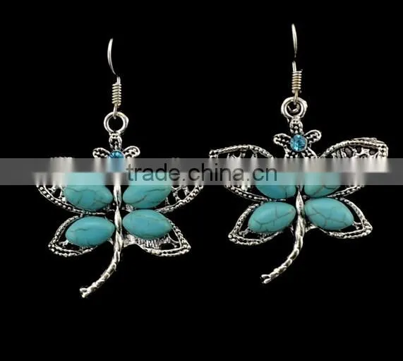 Bohemian Vintage Silver Plated Crystal Butterfly Pendant Turquoise Earrings photo-3