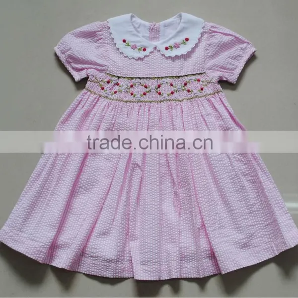 Pink stripe seersucker smocked children clothing wholesale