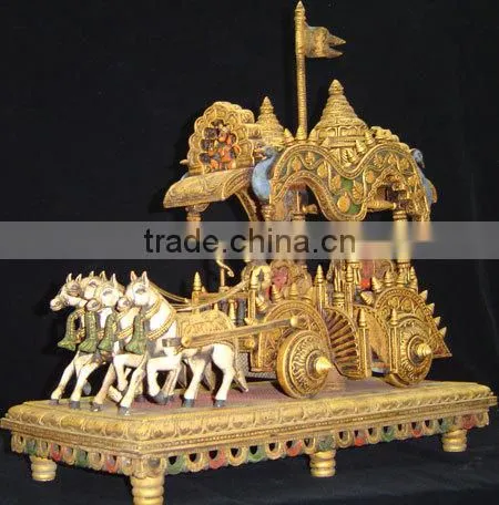Indian Handmade Wooden Four Horse Arjun Rath Krishan Sarthi Mahabharat Kurukshetra Hindhu Vedic Wood Carving Handicraft