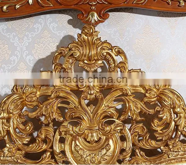 Royal Place Gold Leaf Finished Full Solid Wood Carving Bed, Arabic Golden Style Bedroom Furniture(MOQ=1 SET) photo-2
