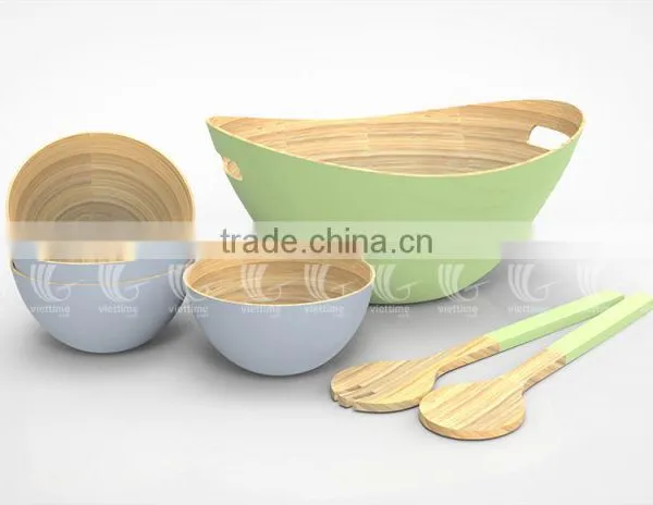 Handmade Bamboo Salad Bowls With New Color, Set Lacquered Bamboo Bowls and Spoons photo-3