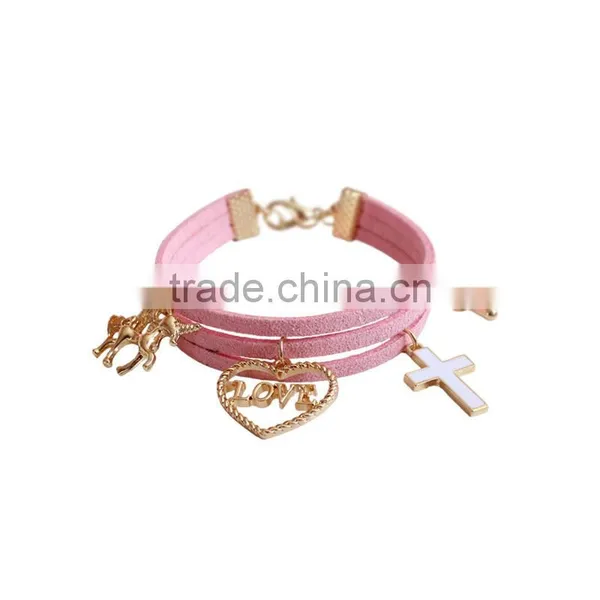 Gold Love Heart Cross Horse Feather Charms Sude Leather Bracelet Multi Layer Velvet Leather Bracelet photo-5