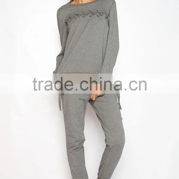 Urban Fashion Tracksuit Female Cheap Custom Grey Plain Latest Design Blank Fitted Sports Womens Tracksuits With Cross Details photo-2
