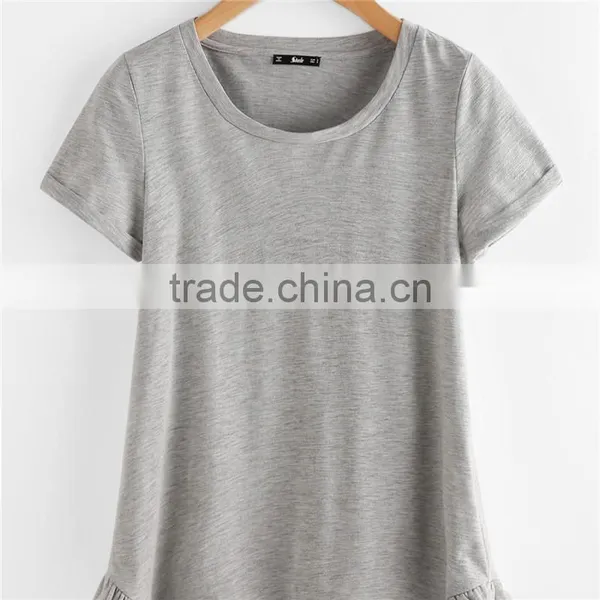 Plain White and Grey Pure Cotton Roll Cuff Ruffle Trim Slub T-shirt photo-5
