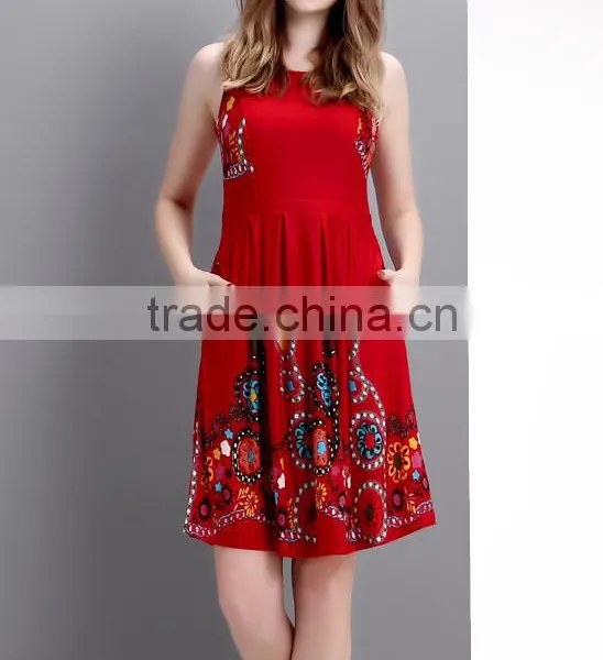 New Fashion Women Dresses With Red Garden Sleeveless Fit And Flare Dress Women Floral Dress Women Wear GD90426-31