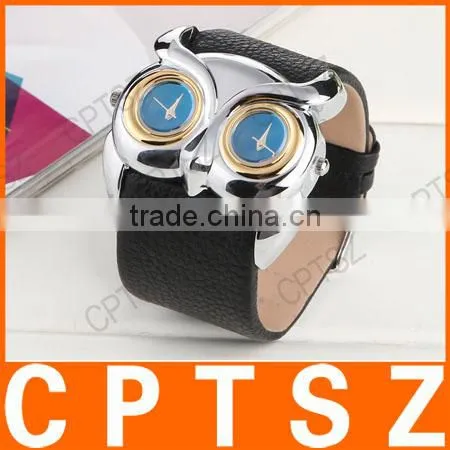 Fashion PU Band Watch Dial Retro Owl Double Double Movement Waterproof Sport Watch photo-2