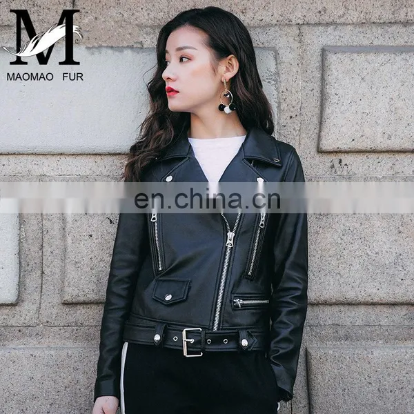 Fashion Cool Zip Front Black Leather Jacket Woman / Real Sheep Skin Jacket Leather / Leather Motorcycle Jacket photo-4