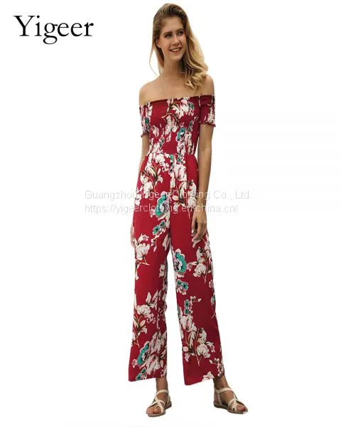 Off Shoulder Short Sleeve Floral Printed Long Jumpsuits