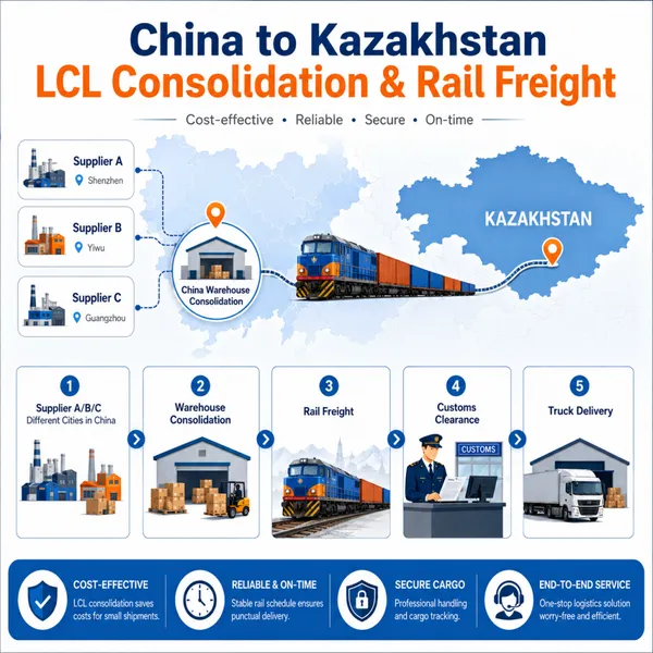Servicio de consolidación de carga menos contenedor completa (LCL) y transporte ferroviario de China a Kazajistán
