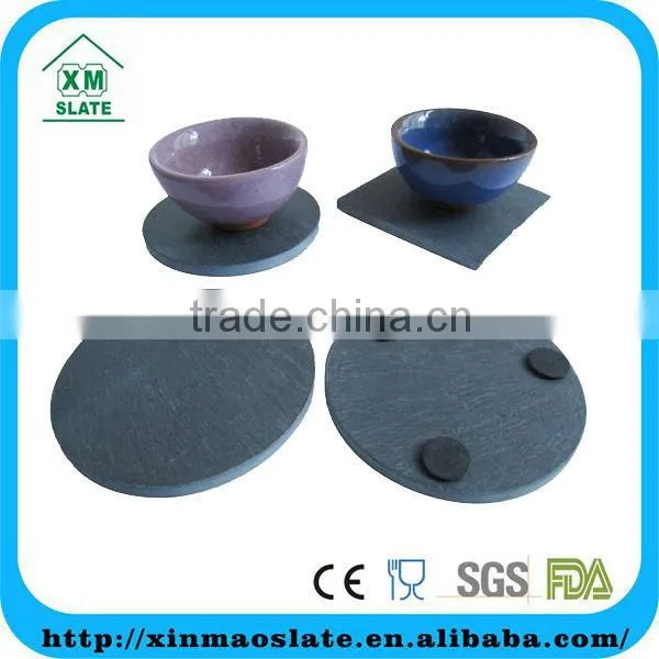 Black Round Slate Stone Coffee Placemats and Coasters Promotional Round Slate Placemats and Coasters With Sand-blasted Logo