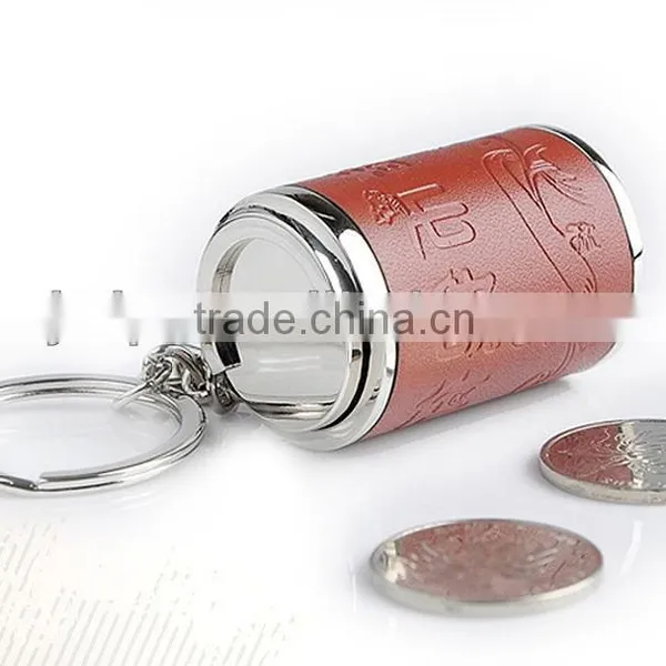 Leather Wrapped Metal Cane Shaped Coin Container Keychain