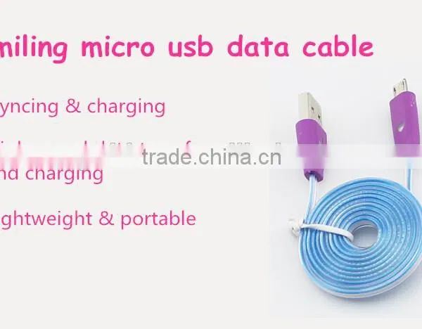 Mix Color Flashing Visible Luminous Smiling Face Micro USB Cable LED Glow Sync Data Charger Cables, Noodle Cables for Samsung photo-2