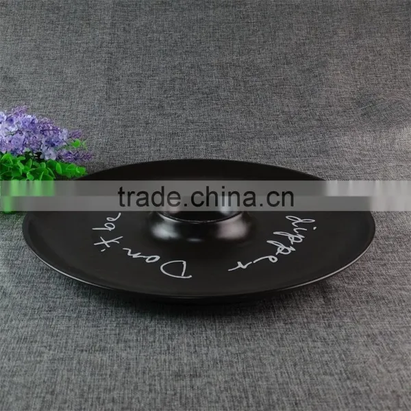 Round Black-glazed Ceramic Chip and Dip Plate, Ceramic Chip & Dip Set Divided Fruit Plate photo-2