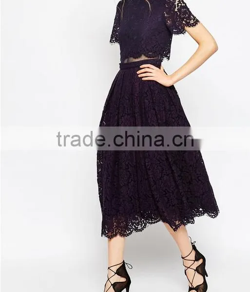 China Guangzhou Clothing OEM Scalloped Edges Round Neckline Crop Top Mesh Insert Midi Women Dress photo-4
