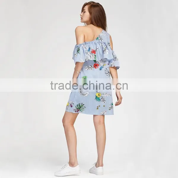 Oblique Shoulder Layered Dress, 2017 Ladies Blue Floral Print Dress photo-6