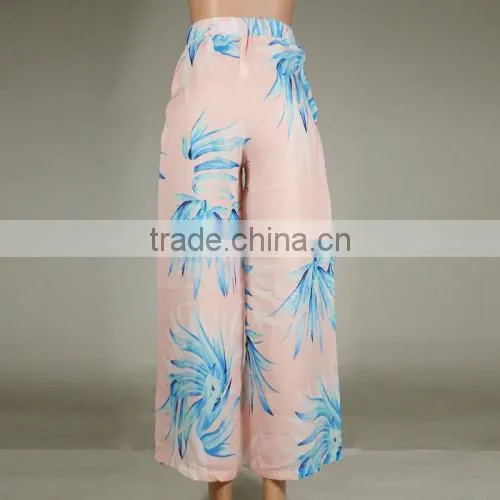 2017Women Casual Pants Loose Printed Leaf Pattern Pink photo-3