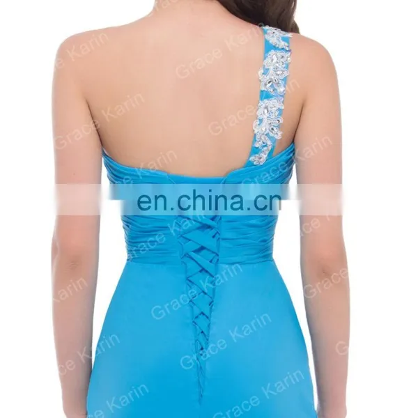 New Arrival One Shoulder Blue Beaded Chiffon High Split Evening Dress CL3183-1 photo-5