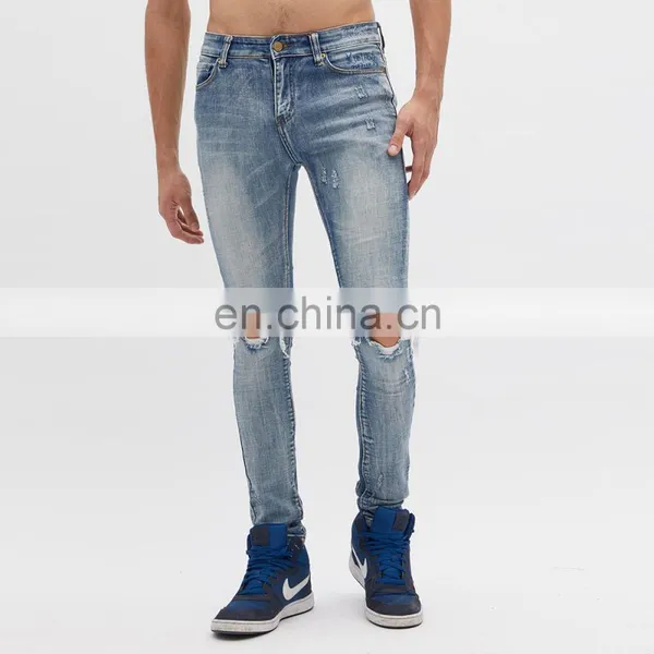 DiZNEW Medium Blue Wash Destroyed Denim Jeans Online Wholesale High Quality Mens Cut Jeans photo-3