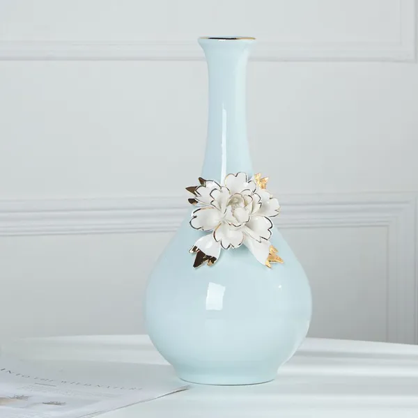 European Modern Simple Art Fresh Fashion Gild Blue Ceramic Plant Vase For Office Decor photo-2