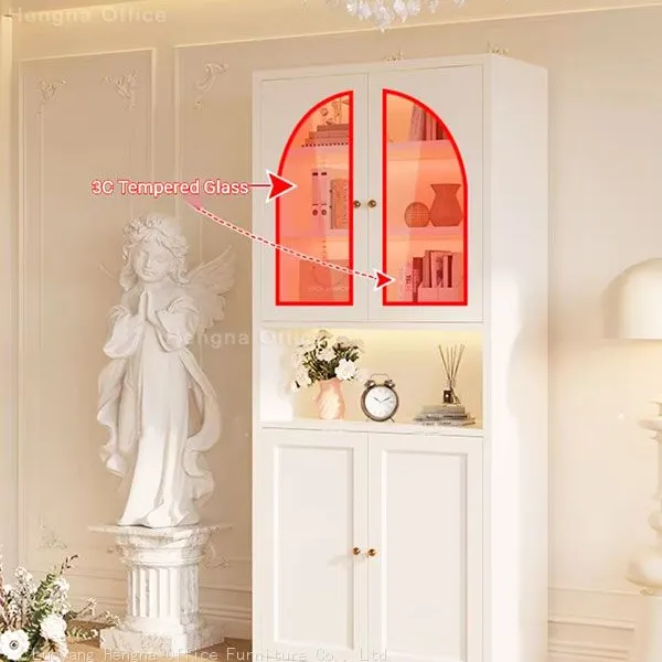 Tall Arched Glass Door Cabinet — 1950mm Narrow Steel Display Bookcase With Magnetic Closure & Optional LED photo-4