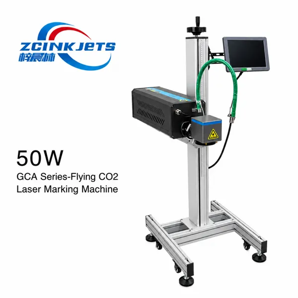 ZCINKJETS 50W Онлайн лазерный маркер CO2 для маркировки на линии упаковки. Маркировка даты, партии, логотипа, QR-кода, штрих-кода, DM-кода на коробках, пластике, дереве