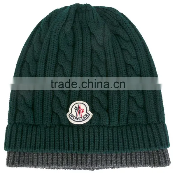Dark Green Virgin Wool Cable Knit Beanie With a Front Patch Logo photo-4