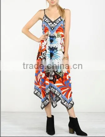 Glamorous Boho Design Spaghetti Strap Dropped Armhole Long Umbrella Dres Tropic Printeds photo-4