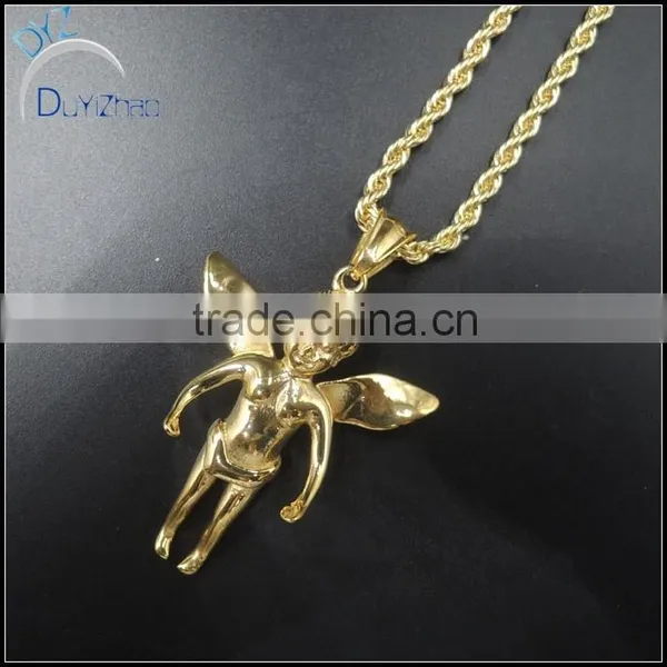 Stainless Steel Gold Plated Angel Spread Wing Pendant photo-4