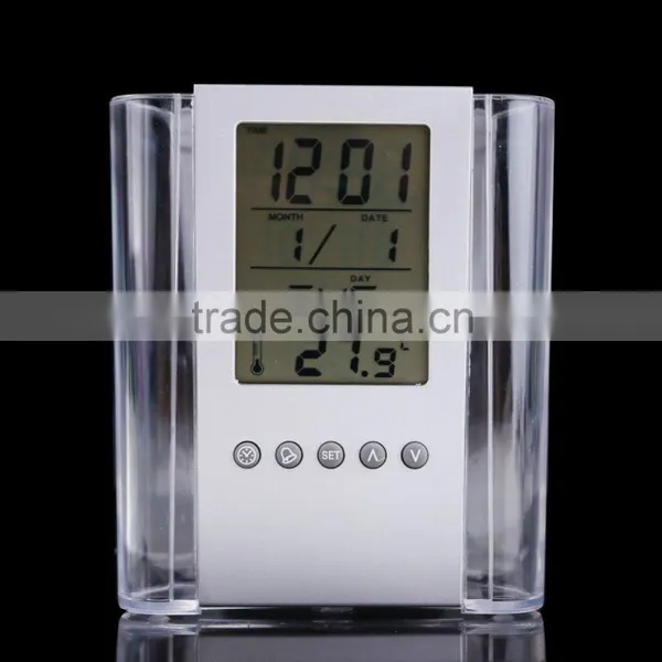 Plastic Transparent Multifunctional Pen Holder Calendar Timer Thermometer Clock photo-3