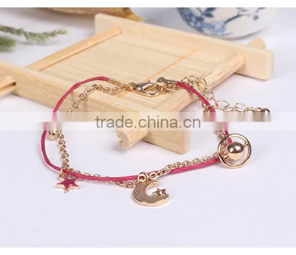 Star Moon Planet Tiny Rhinestone Charms Bracelet Double Layer Cotton Cord Gold Chain Bracelet photo-5