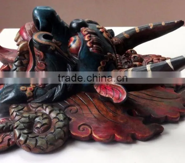 Hand Crafted Wooden Mask of Hindu Buddha Monster Garuda Red Blue Wall Hanging Made in Nepal photo-3