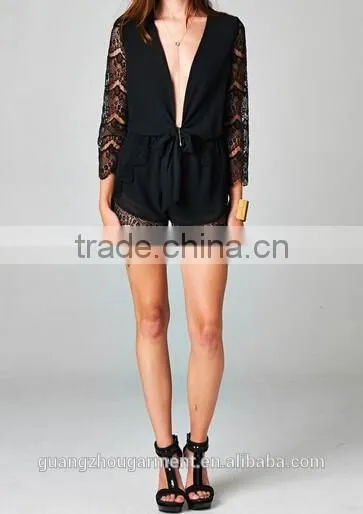 2015 New Stylish Sexy Ladies Deep V Neck Open Front Romper Playsuit Lace Sleeve Short Jumpsuit photo-3