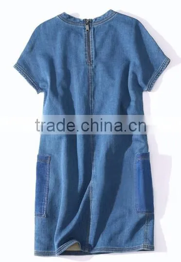Newest Popular Ladies Denim Dress Round Neck Short Sleeves Denim Skirt Pattern photo-2