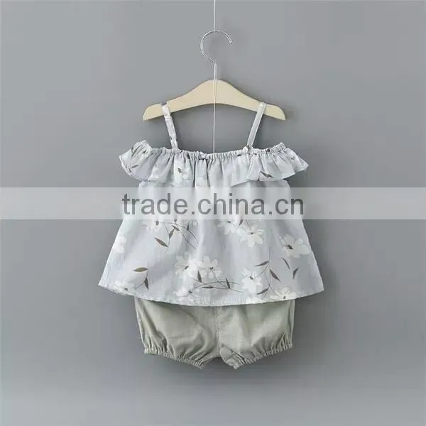 2016 Summer Girl Kids Clothes Stylish Designs White Spaghetti Strap T-shirt Cotton Baby Girls Dress Set photo-2