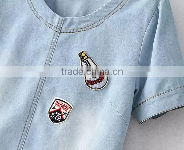 EY0561A Europe and America Women Round Collar Short Sleeve Embroidery Cowboy Dress photo-3