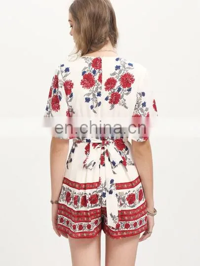 Japanese Girl, Lady Dress, Multicolor Print Half Sleeve Deep V Neck Jumpsuit photo-3