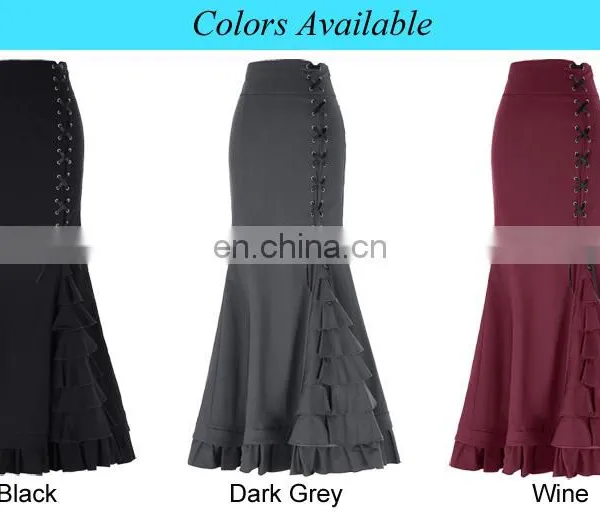 Belle Poque Womens Victorian Style High Stretchy Nylon-Cotton Vintage Retro Ruffled Fishtail Mermaid Black Long Skirt BP000203-1 photo-6