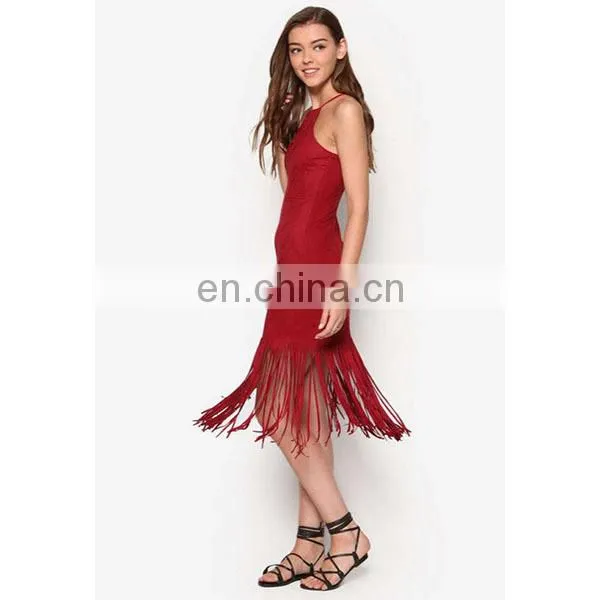 Love Suede Fringe Hem Dress Square Neckline Sleeveless Fashion Apparel Women Dresses Sexy photo-2
