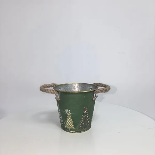 Vintage Green Distressed Metal Bucket With Rope Handles, Embossed Christmas Tree Metal Pot for Xmas Decor