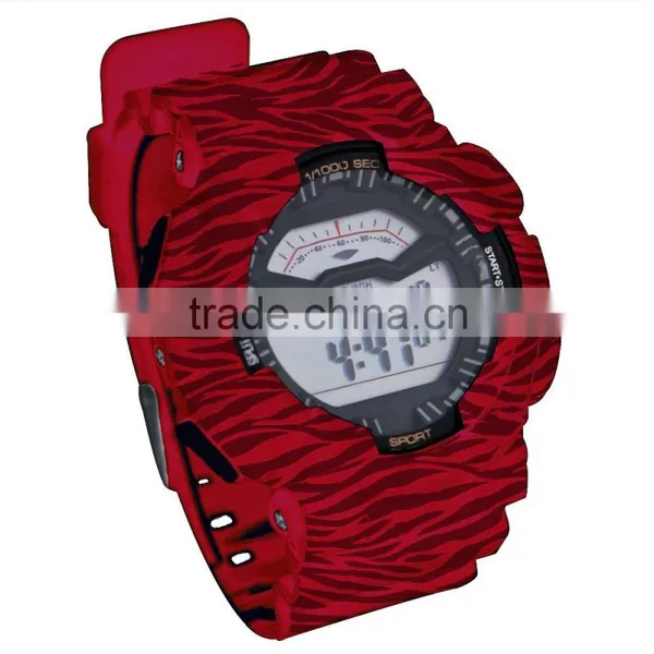 LP1331_Red PU Strap Graphic Pattarn Print Multifunction Digital LCD Display Set Digital Wrist Stock Watch photo-2