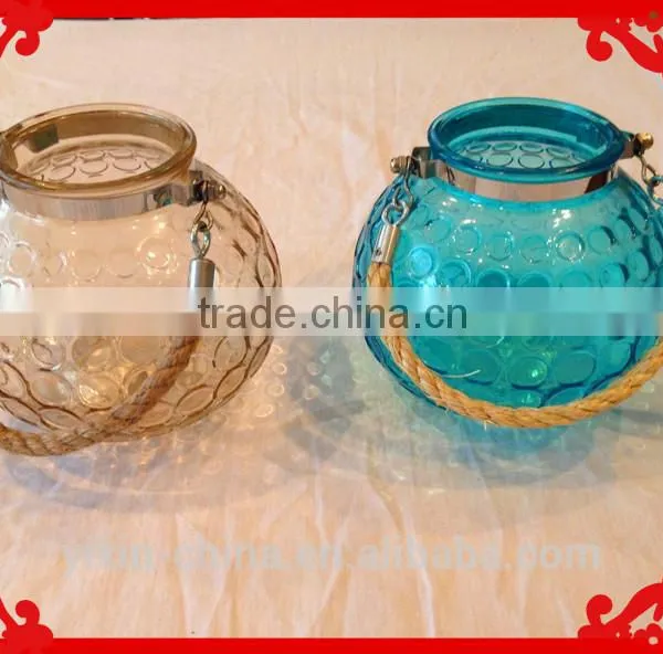 Glass & Rope Candle Holder or Bowl Vase, Tan Clear and Sea Blue Green
