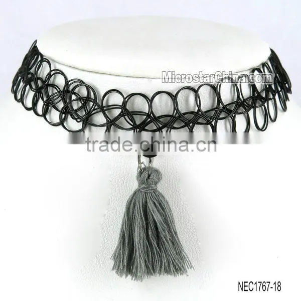 Vintage Black Handmade Tattoo Choker Collar Necklace With Red Tassel photo-6