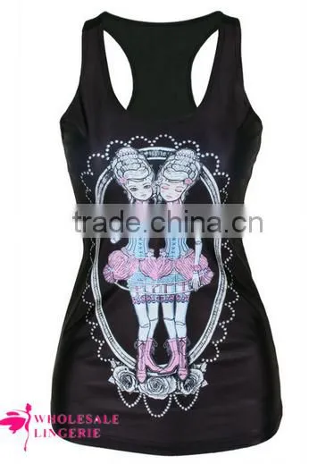 Wholesale Pinky Ladies With Corsets Printed Black Stringer Tank Top for Women