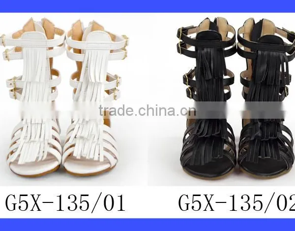 Wholesale Kids Summer Plain White PU Fringe Gladiator Shoes Little Girl Flattie Snadals High Boots Shoes photo-6