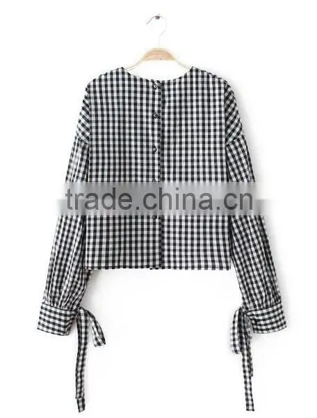 Runwaylover EY2333B Europe Style 2017 Women Fashion Flare Sleeve Plaid Blouse photo-4